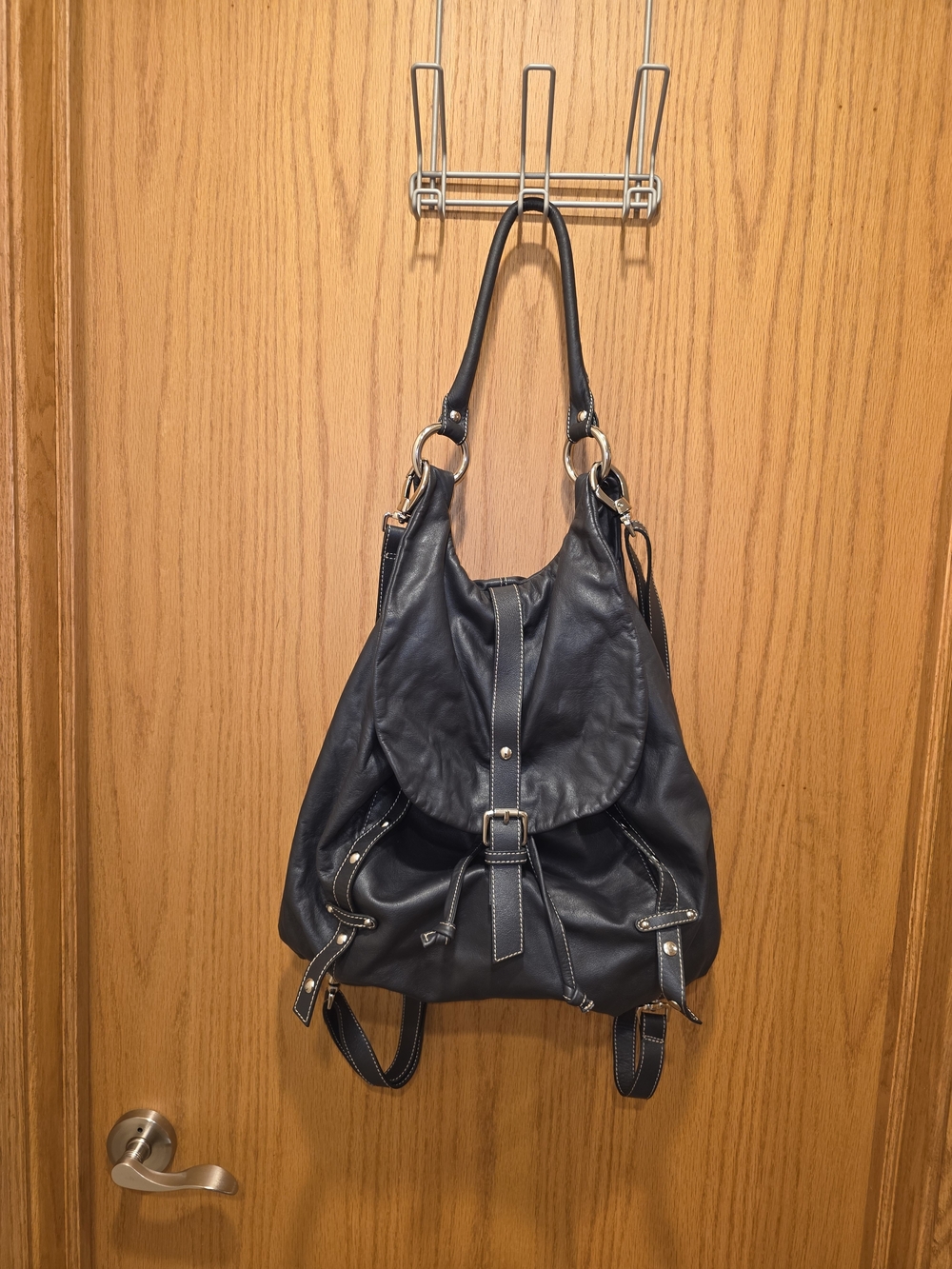 Pulicati Black Leather Convertible Backpack Tote